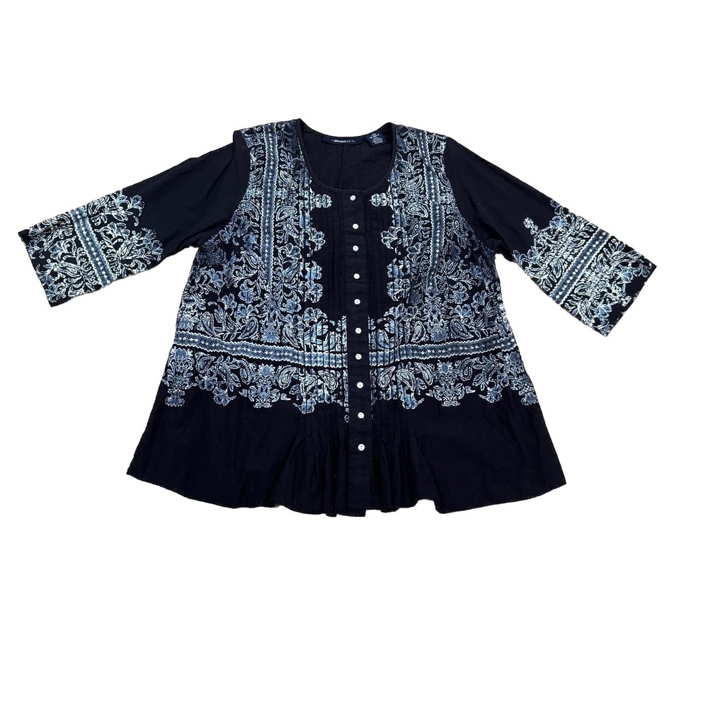 Denim 24/7 Women's Plus‎ Size 14W 100% Cotton Black Floral Print Shirt